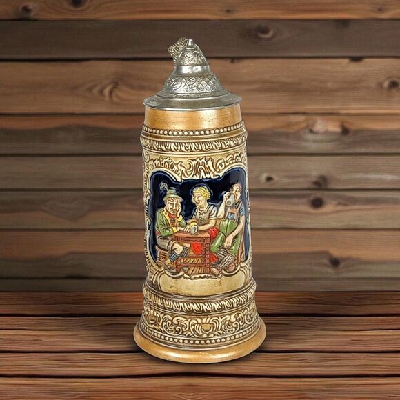 Vintage Tavern Scene Lidded Stein: Ceramarte Brazil Beer Mug - Picture 1 of 7